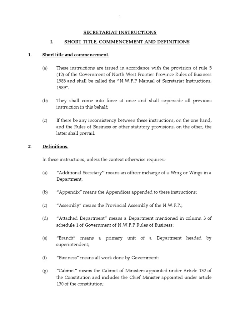 Manual Of Secretariat Instructions Secretary Cabinet Government