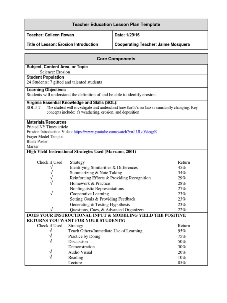 Teacher Education Lesson Plan Template | PDF | Lesson Plan | Learning ...