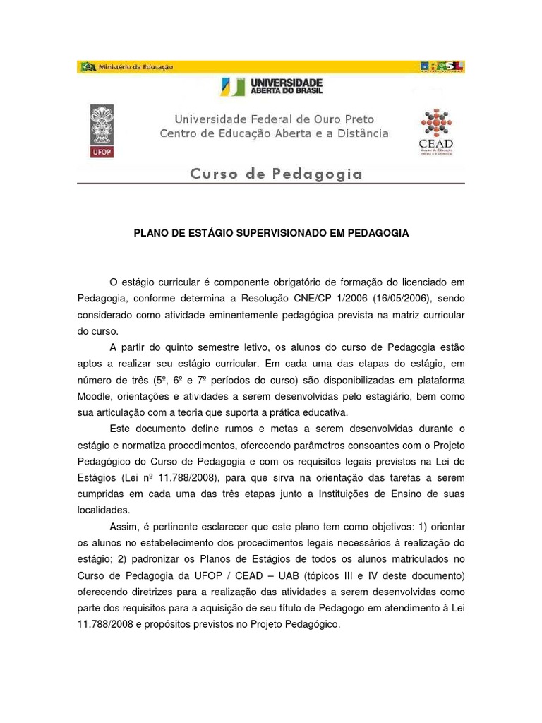 Plano Estagio Supervisionado Ped | PDF | Pedagogia | Estágio