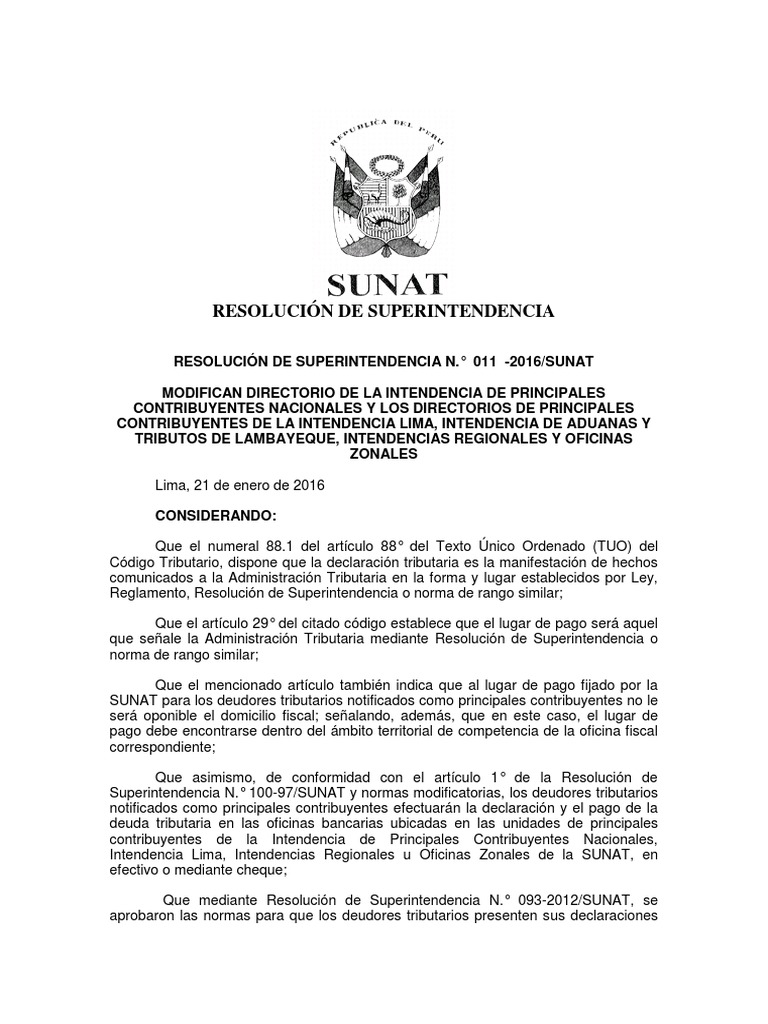 Resolución #011-2016-SUNAT | PDF | Pagos | Regulación