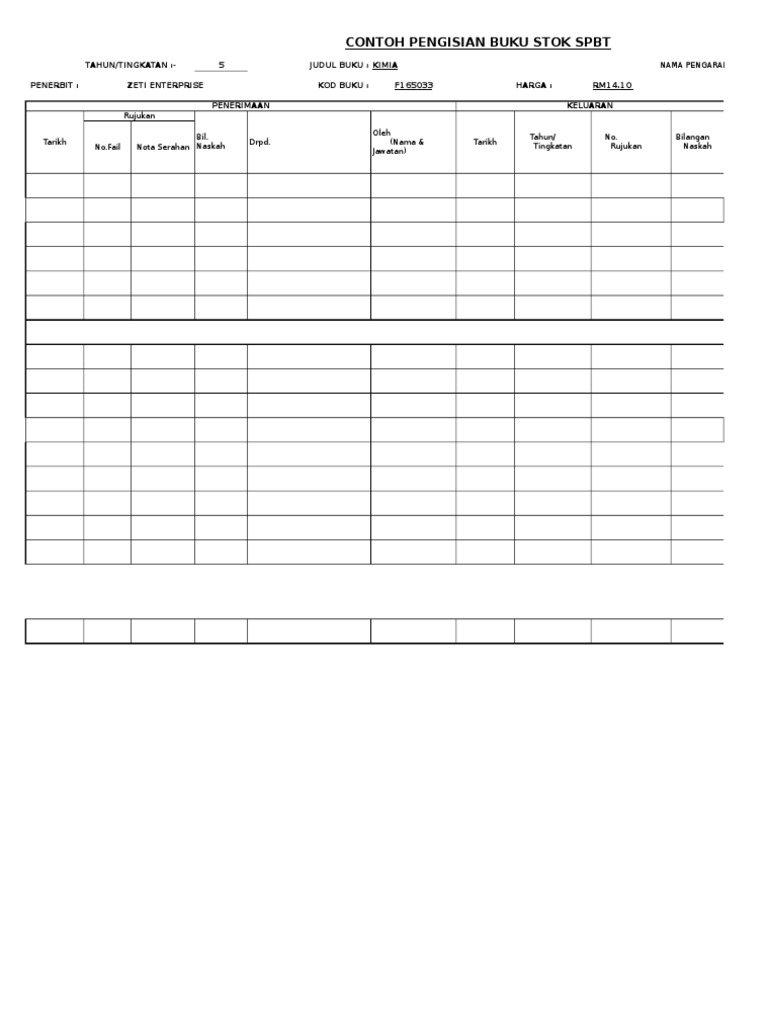 Contoh Borang Kosong Pengisian Buku Stok Spbt