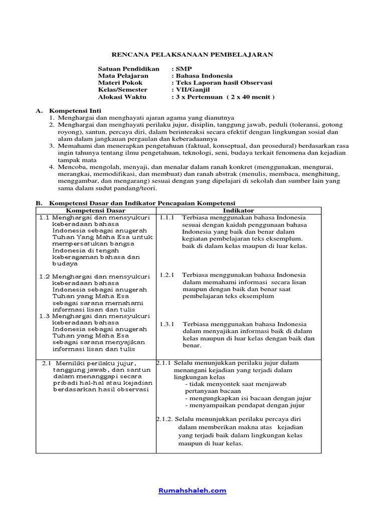 Contoh RPP Teks Laporan Hasil Observasi SMP Kelas VII