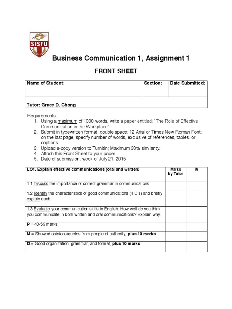 Business Communication 1, Assignment 1: Front Sheet | PDF
