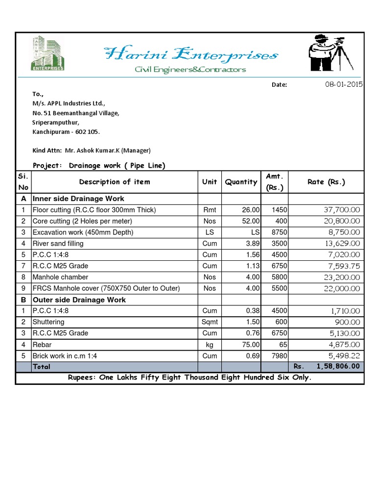 Drainage Work Quotation for Pipe Line Project at APPL Industries Ltd. | PDF