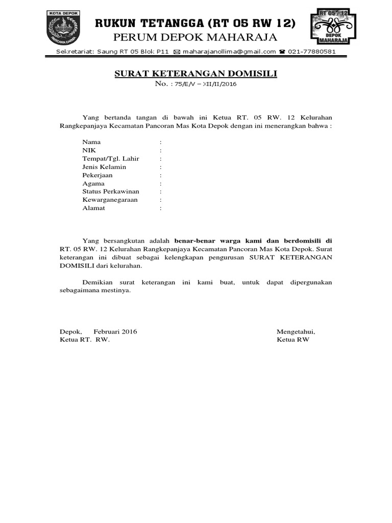 Contoh Surat Keterangan Domisili