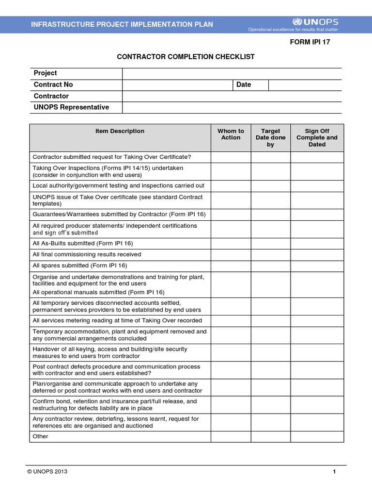 Form IPI 17 Contractor Completion Checklist | PDF