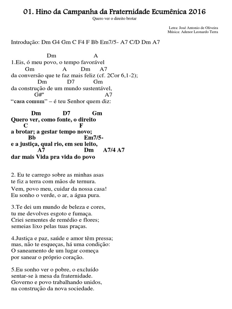 Letra Do Hino Da Campanha Da Fraternidade 2022
