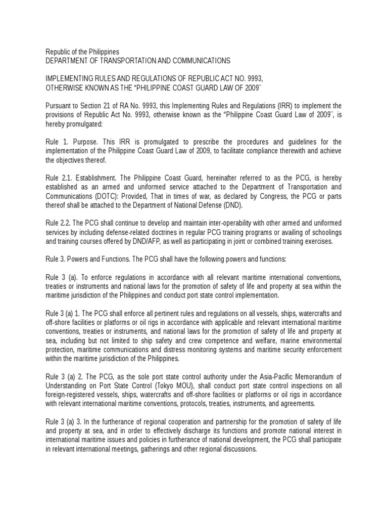 Implementing Rules of RA 9993: PCG Law | PDF | Marine Salvage | Industries