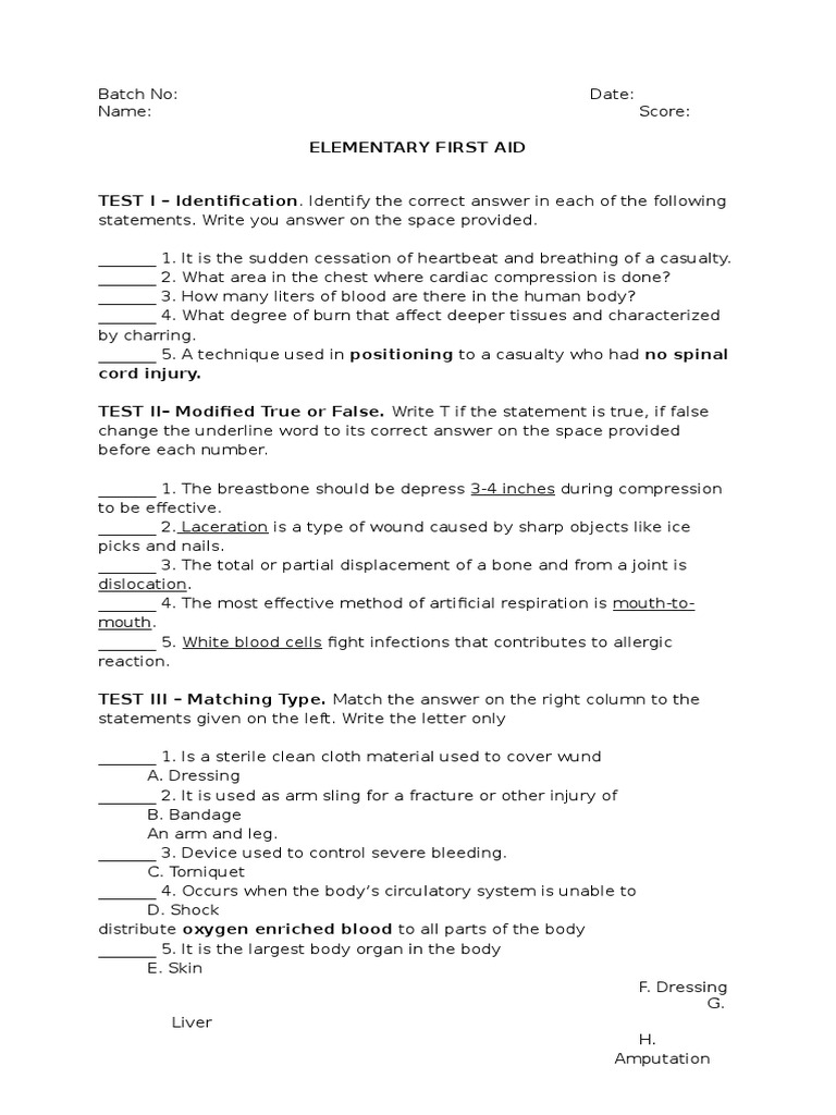 First Aid Test Questions and Answers | PDF | First Aid | Human Body