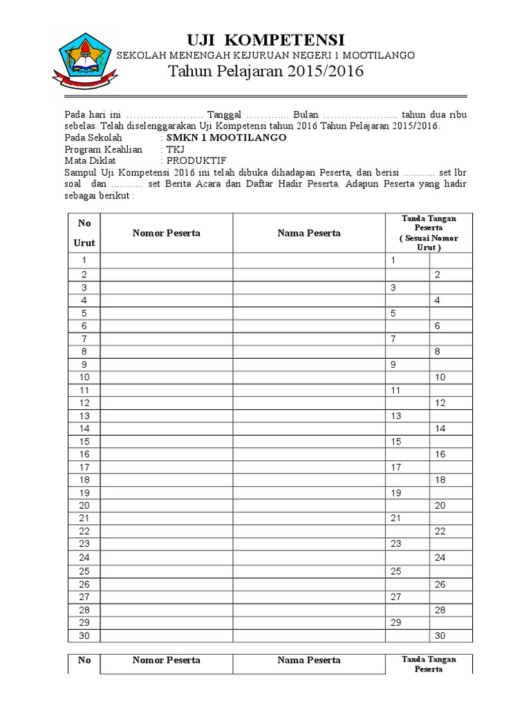 Berita Acara Daftar Hadir Praktik 2016