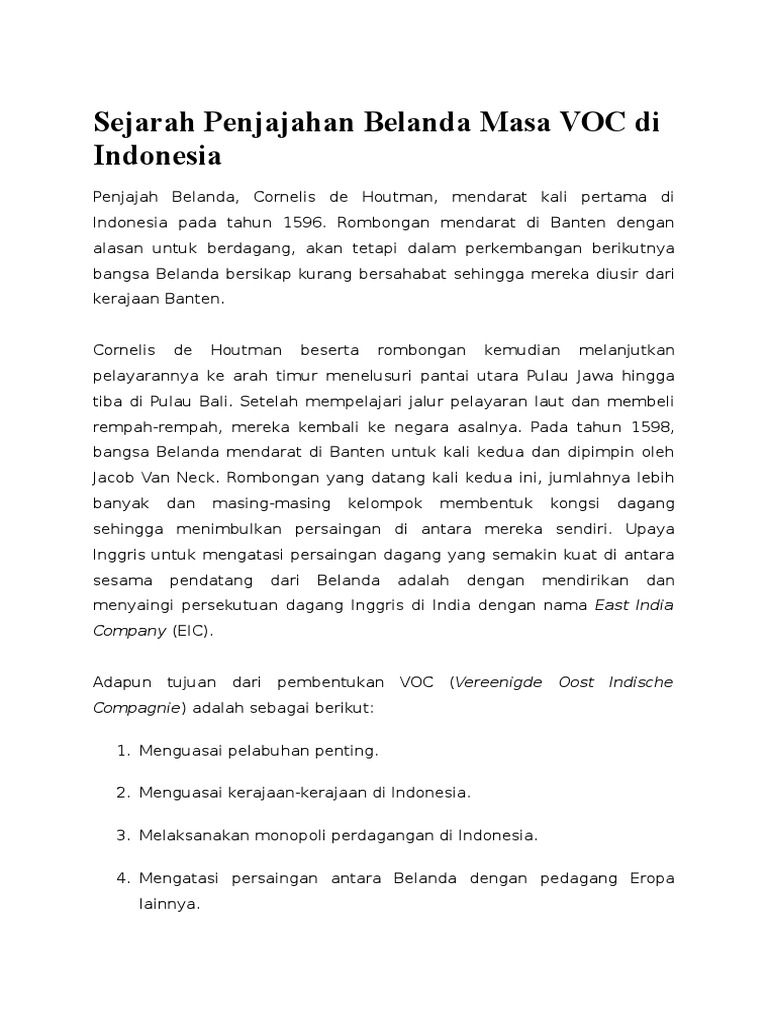 Sejarah Penjajahan Belanda Masa Voc Di Indonesia