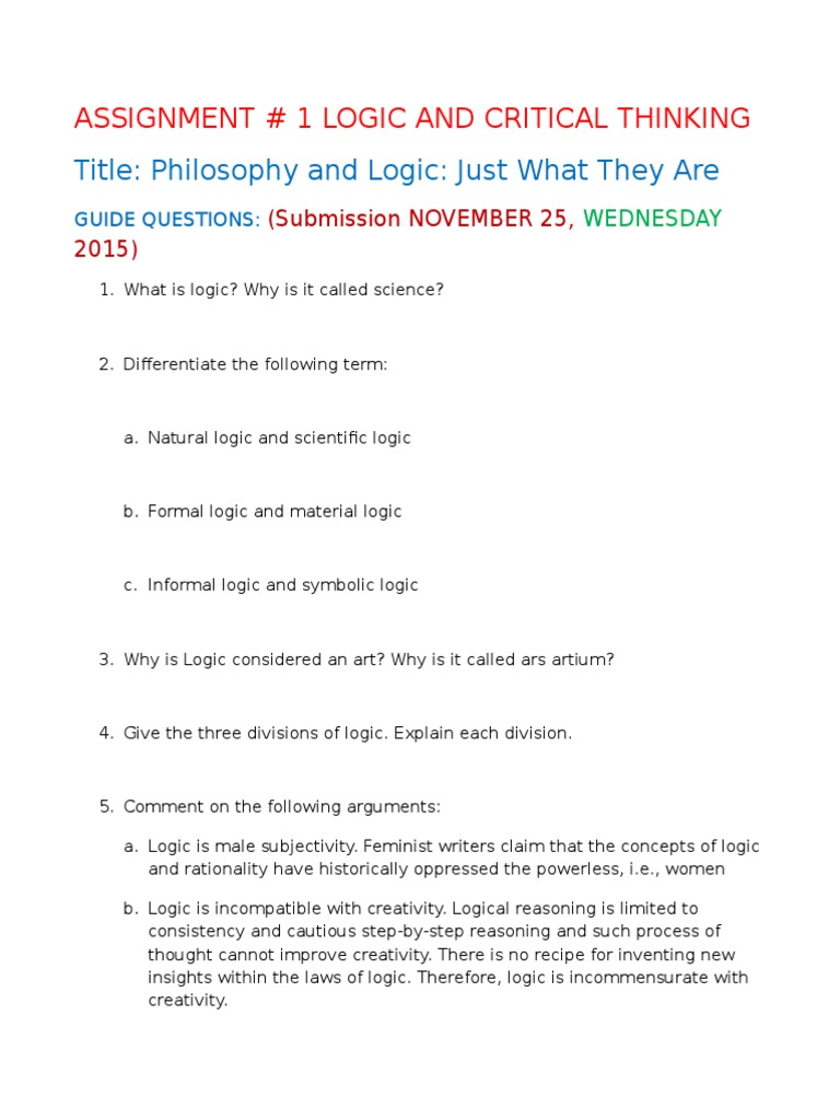 Assignments in Logic Logic Definition