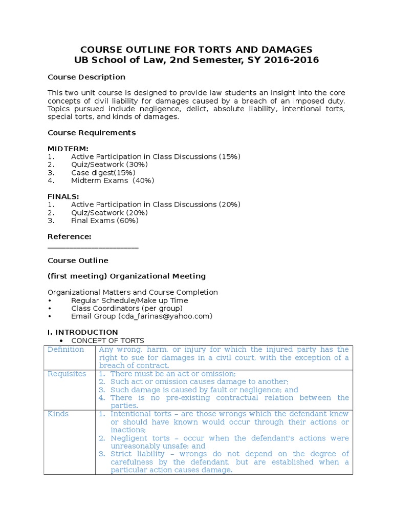 Torts and Damages Course Outline | PDF | Tort | Lawsuit