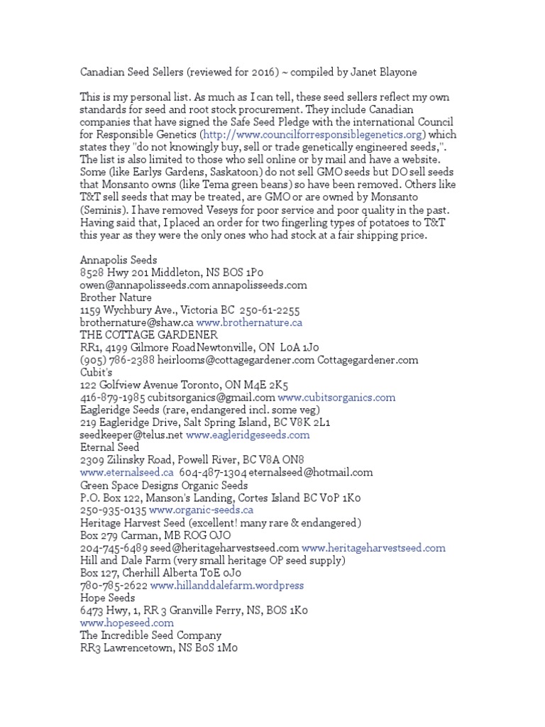 Canadian Seed Sellers List 2016 PDF Perennial Plant Vegetables