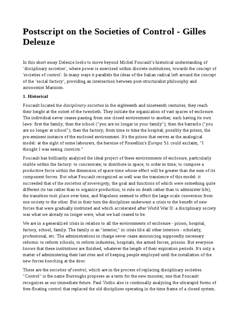 Postscript On The Societies of Control PDF Capitalism Gilles Deleuze