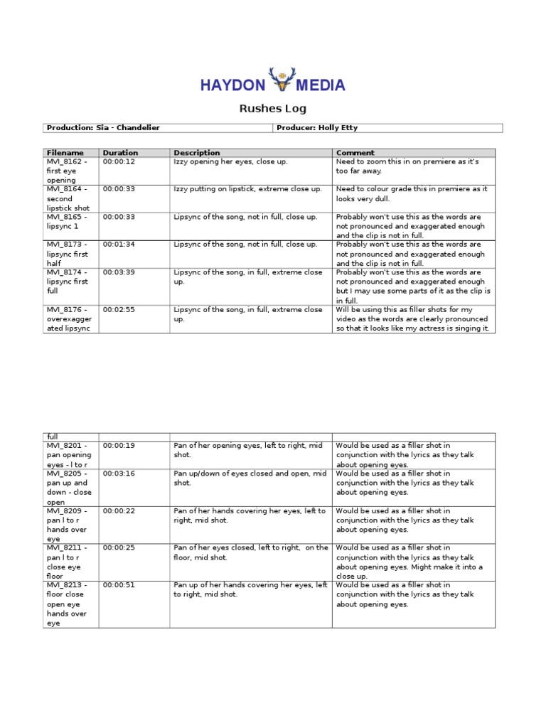 Rushes Log 1 | PDF