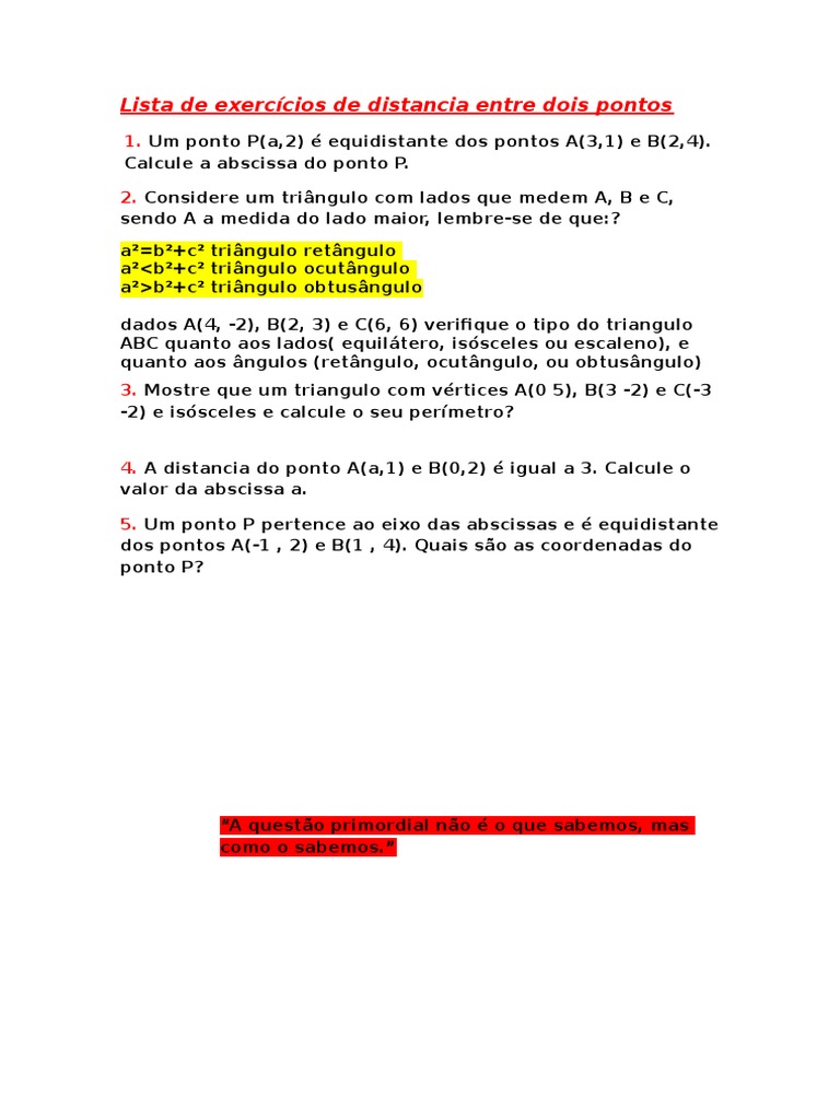 Exercícios sobre Distância entre Pontos | PDF