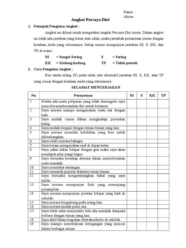 Angket Percaya Diri | PDF
