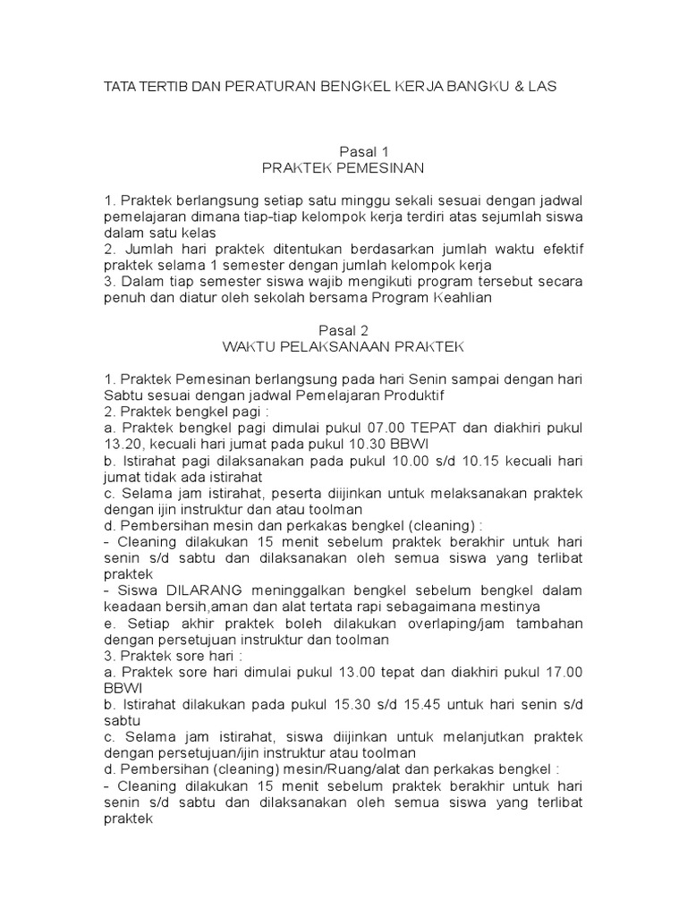 Tata Tertib Dan Peraturan Bengkel Kerja Bangku