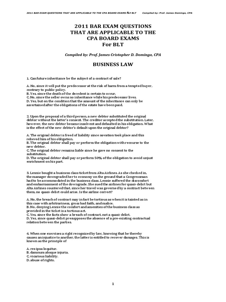 2011 Bar Exam Questions That Are Applicable to the Cpa Board Exams for