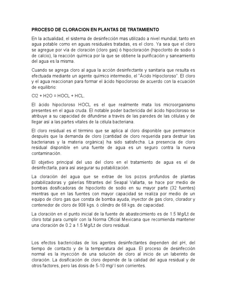 Proceso de Cloracion en Plantas de Tratamiento | PDF | Cloro | Agua