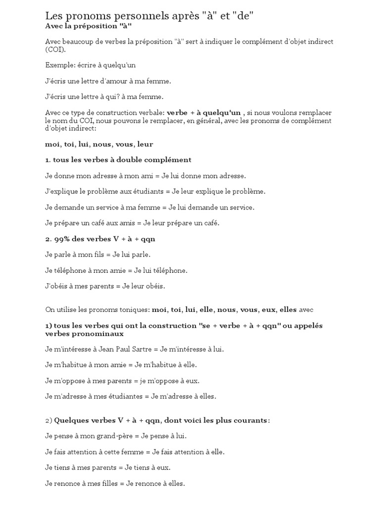 Remplacer Le Cod Par Un Pronom Personnel Exercices Pdf Les Pronoms Personnels Après A Et de | PDF