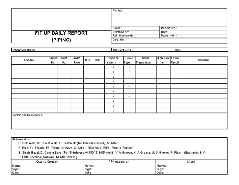 Piping Daily Fit Up Quality Control And Inspection Report Form Pipe Fluid Conveyance Building Materials
