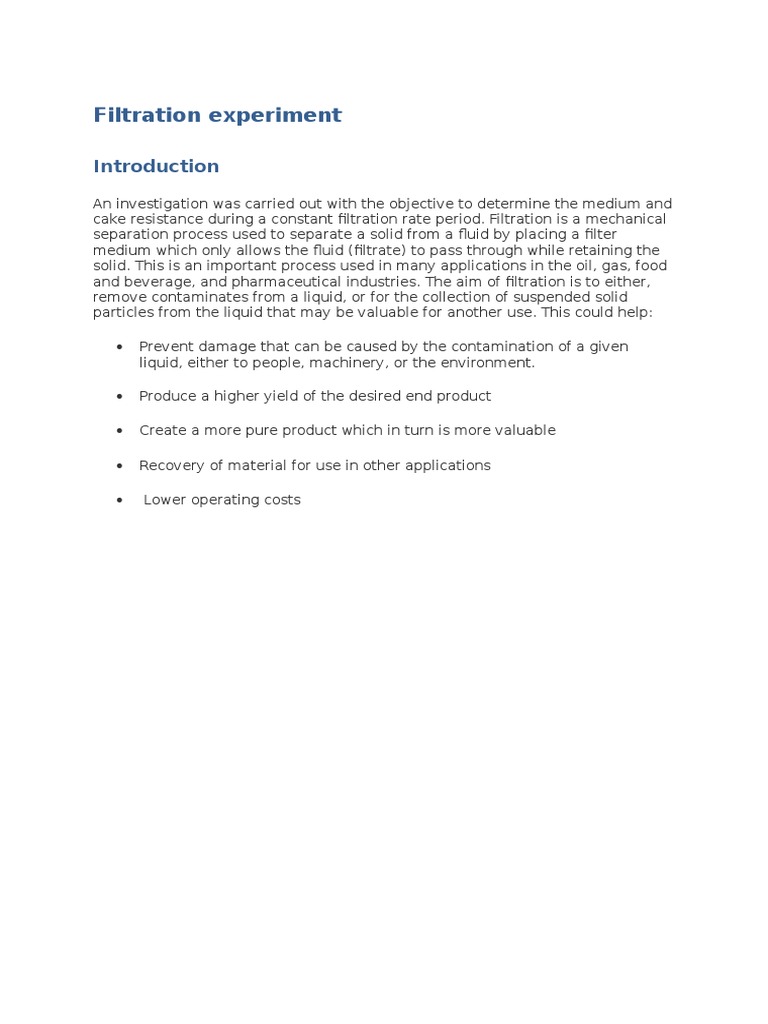 Filtration Experiment Filtration Chemistry
