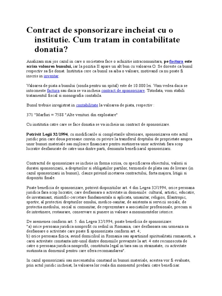 Contract De Sponsorizare Incheiat Cu O Institutie