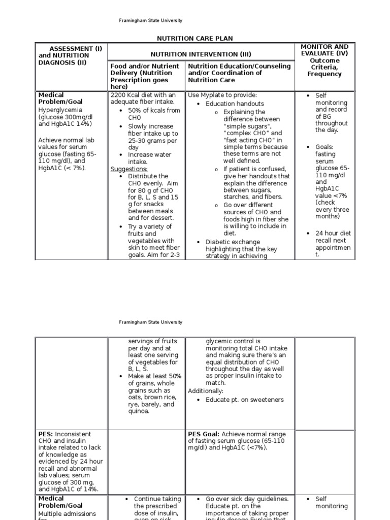 4 Diabetes Nutrition Care Plan PDF Fat Dietary Fiber