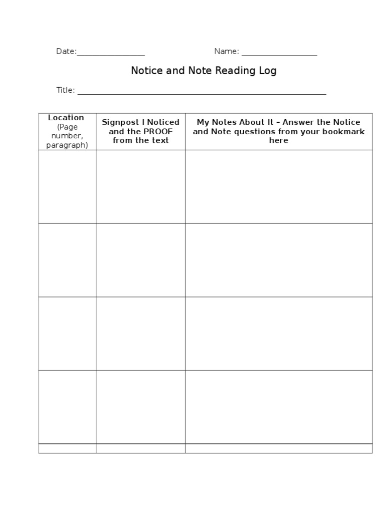 Notice and Note Log  PDF With Notice And Note Signposts  Worksheet