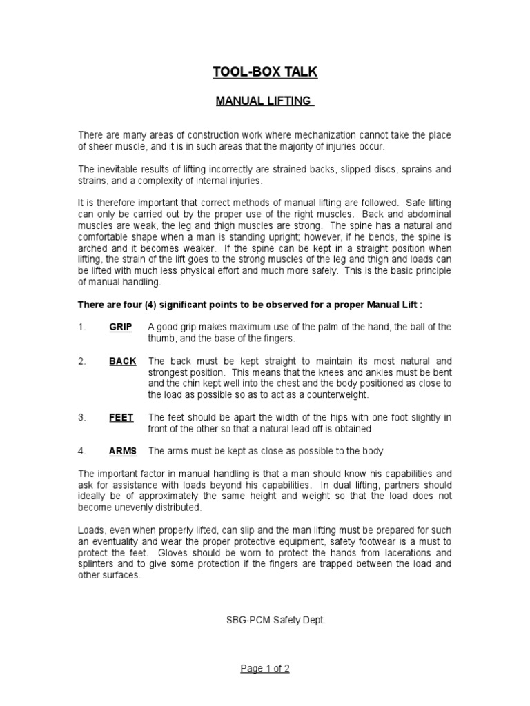 Tool-Box Talk: Manual Lifting | PDF | Science & Mathematics