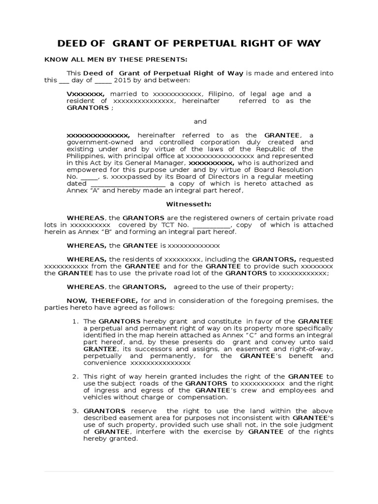 Sample Grant of Right of Way Easement Property Law