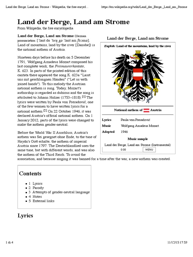 Land Der Berge Land Am Strome Wikipedia The Free Encyclopedia Patriotic Songs Anthems