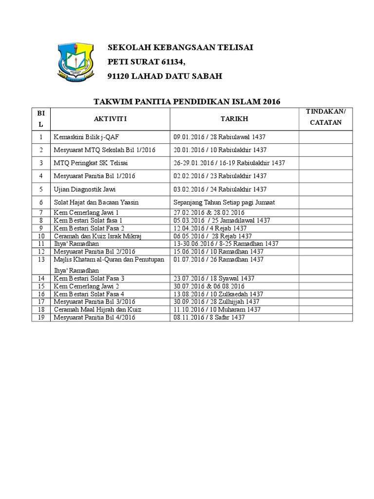Takwim Panitia Pendidikan Islam Sk Telisai 2016