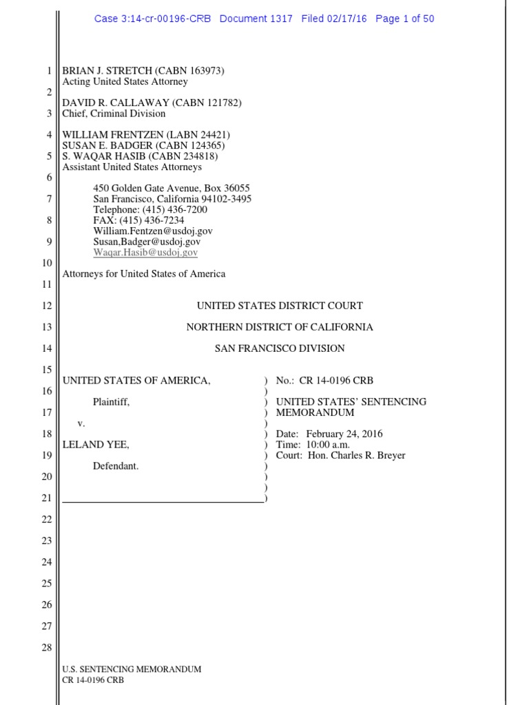 U.S. Sentencing Memorandum for Leland Yee | PDF