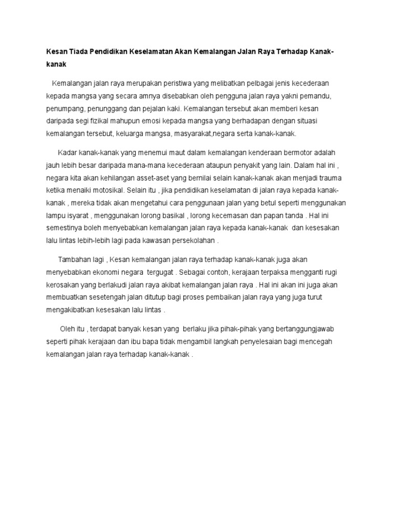 Kesan Tiada Pendidikan Keselamatan Akan Kemalangan Jalan Raya Terhadap Kanak Pdf