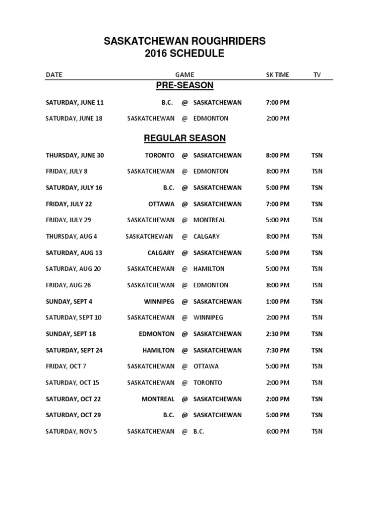 Cfl Schedule 2027 Saskatchewan Roughriders