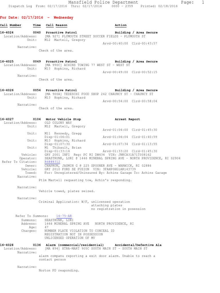 Mansfield Police Dispatch Log 02/17/2016 | PDF | Automobiles | Vehicles