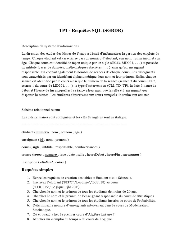 Requêtes SQL pour SGBDR Éducation | PDF | Base de données relationnelle ...