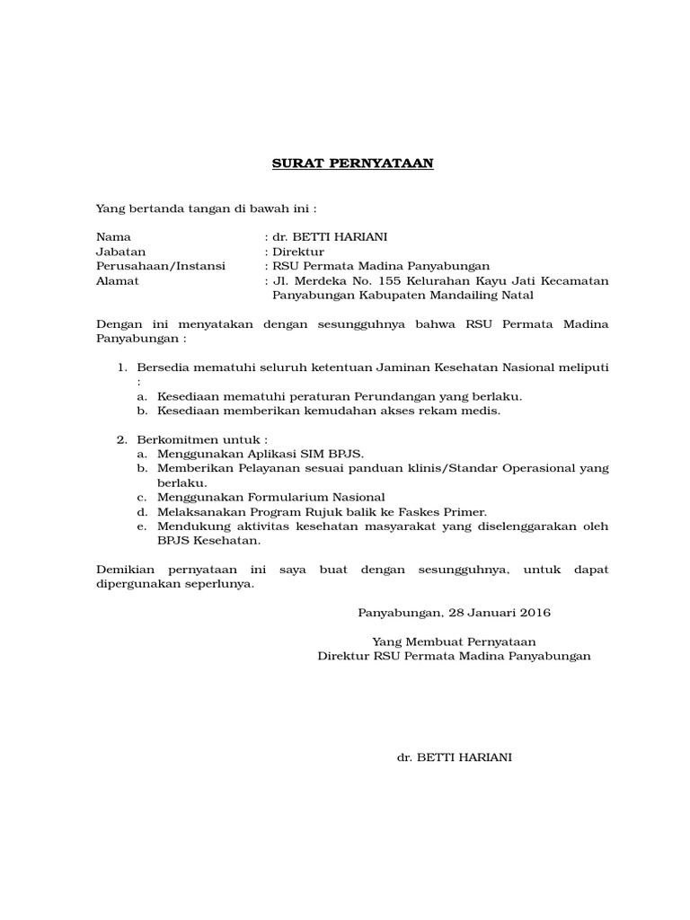 Surat Pernyataan Perpanjangan Kerjasama Bpjs Kesehatan