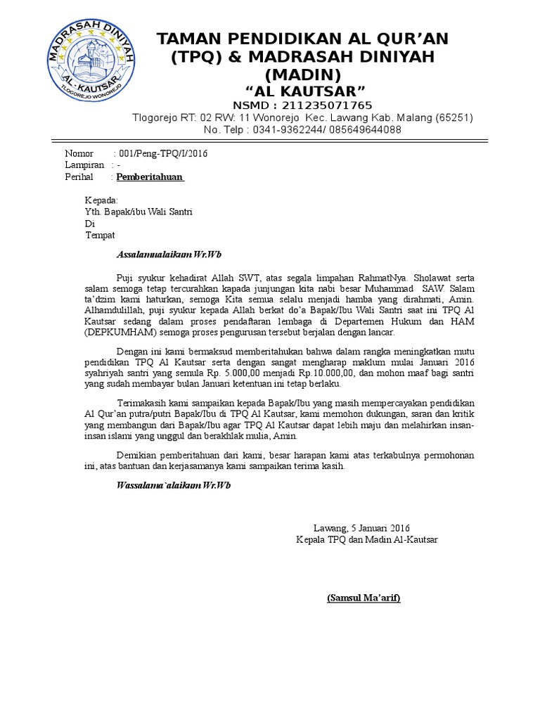 Contoh Surat Edaran Pemberitahuan Pembayaran Sekolah