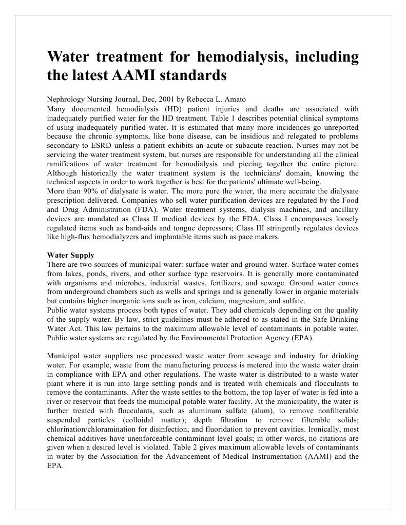 Water Treatment For Hemodialysis PDF Hemodialysis Dialysis