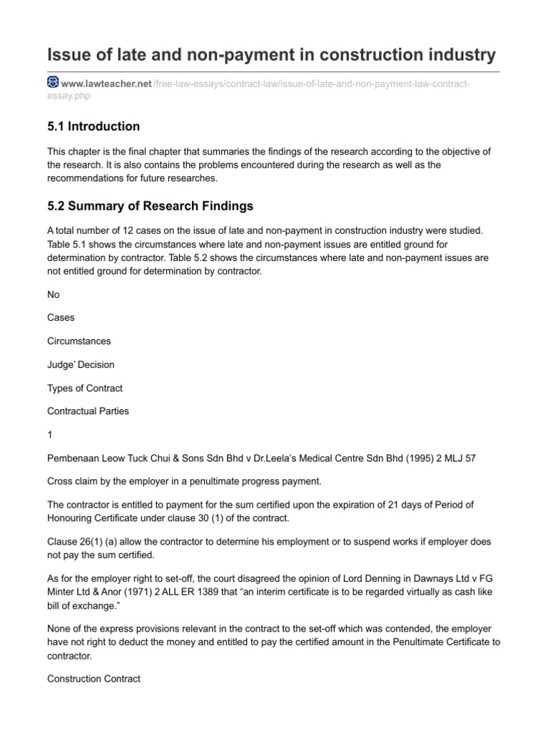 Issue of Late and Nonpayment in Construction Industry Breach Of