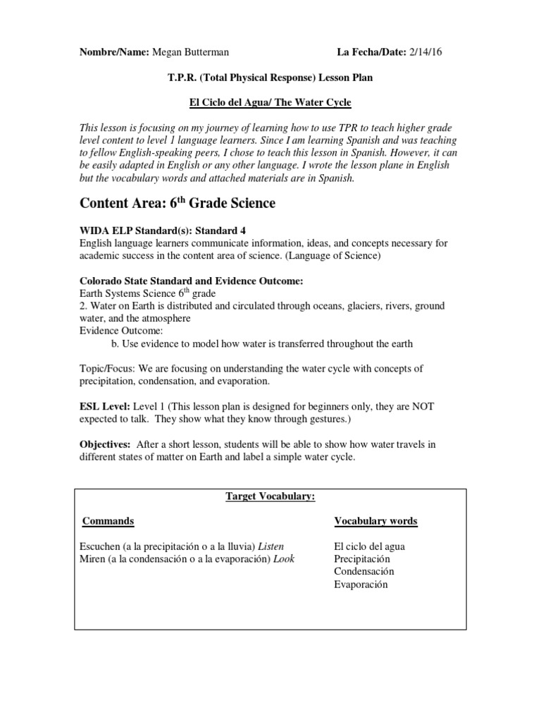 TPR Lesson Plan: El Ciclo del Agua | PDF | Vocabulary | English As A ...