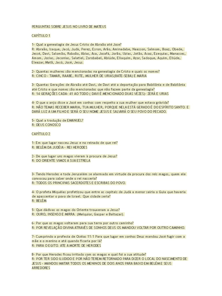 Perguntas Sobre Jesus No Livro de Mateus PDF Tentação João Batista