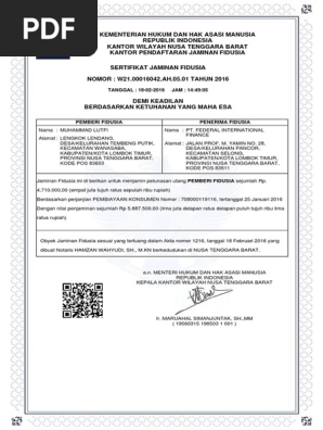 Contoh Sertifikat Fidusia