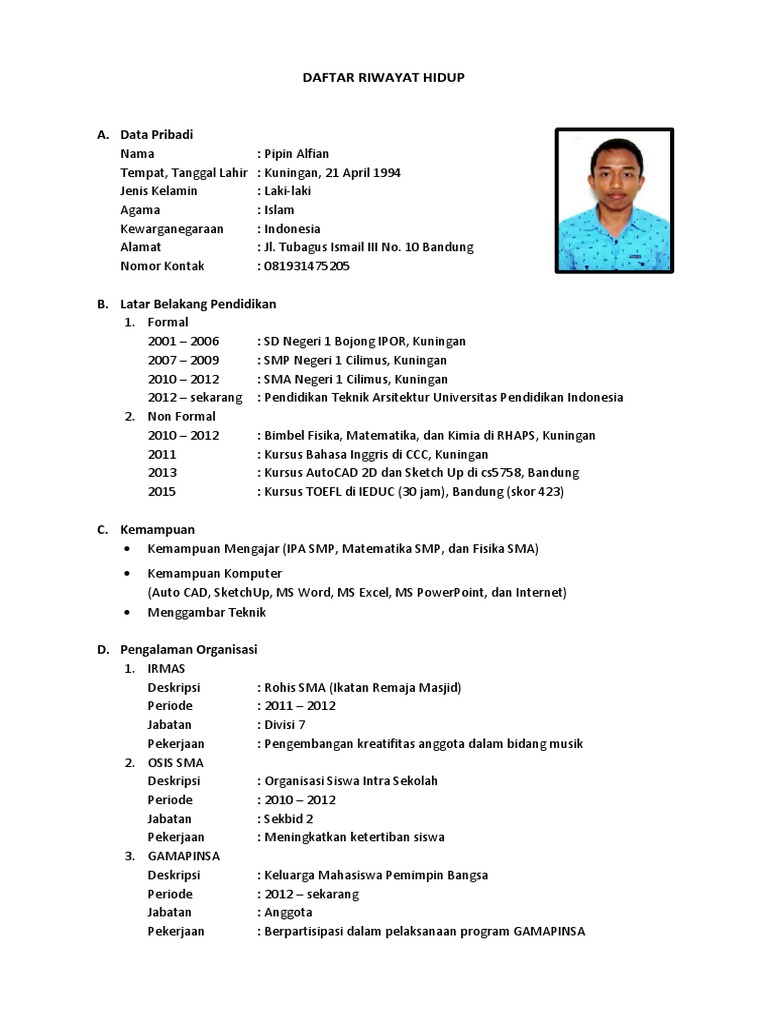 Contoh Daftar Riwayat Hidup Skripsi Doc - Kumpulan 