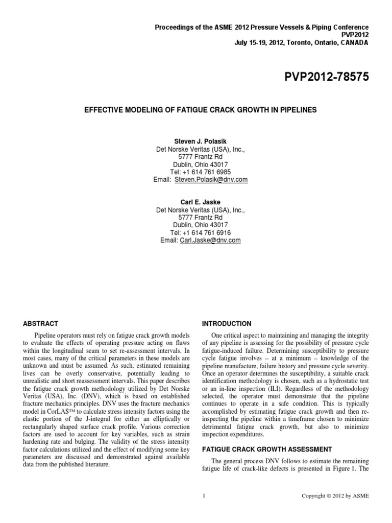 Effective Modeling of Fatigue Crack Growth in Pipelines | PDF ...