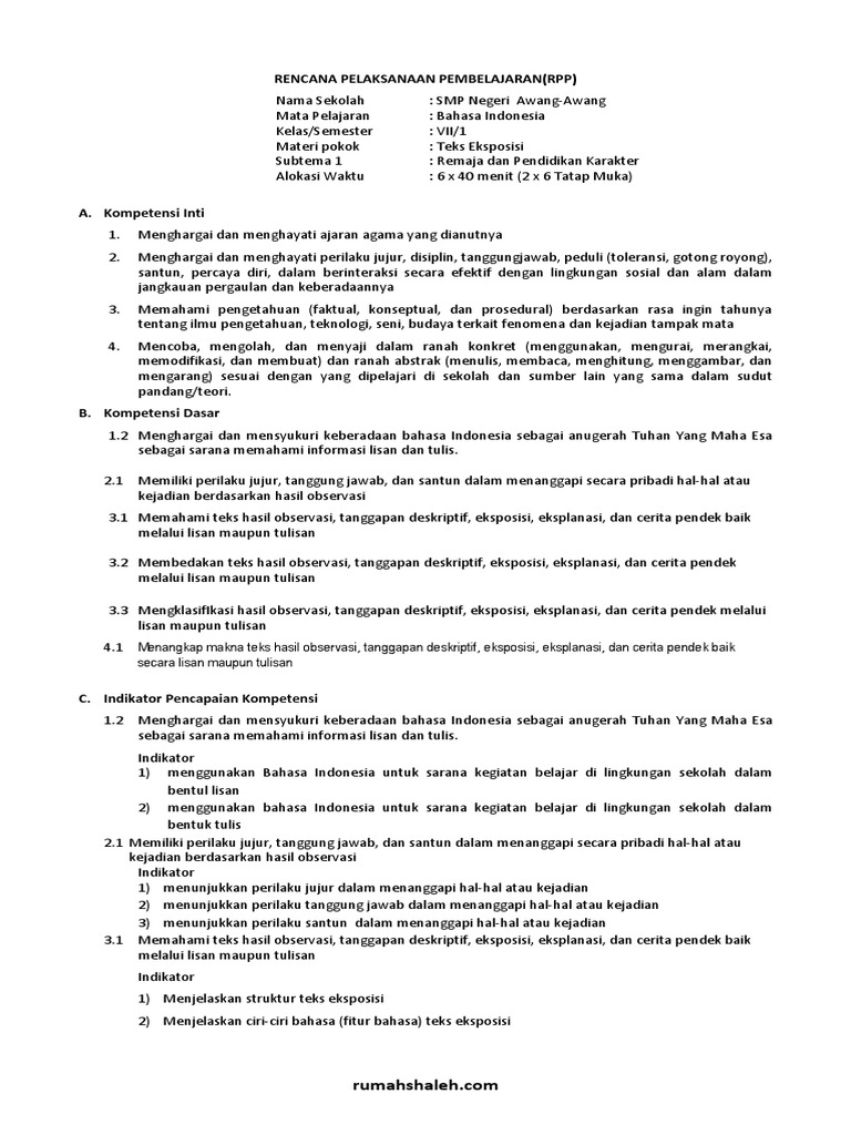 Contoh RPP Teks Eksposisi SMP Kelas 7